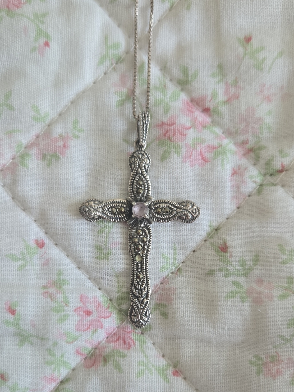Silver Filigree Cross Pendant Necklace with Pale Pink Stone